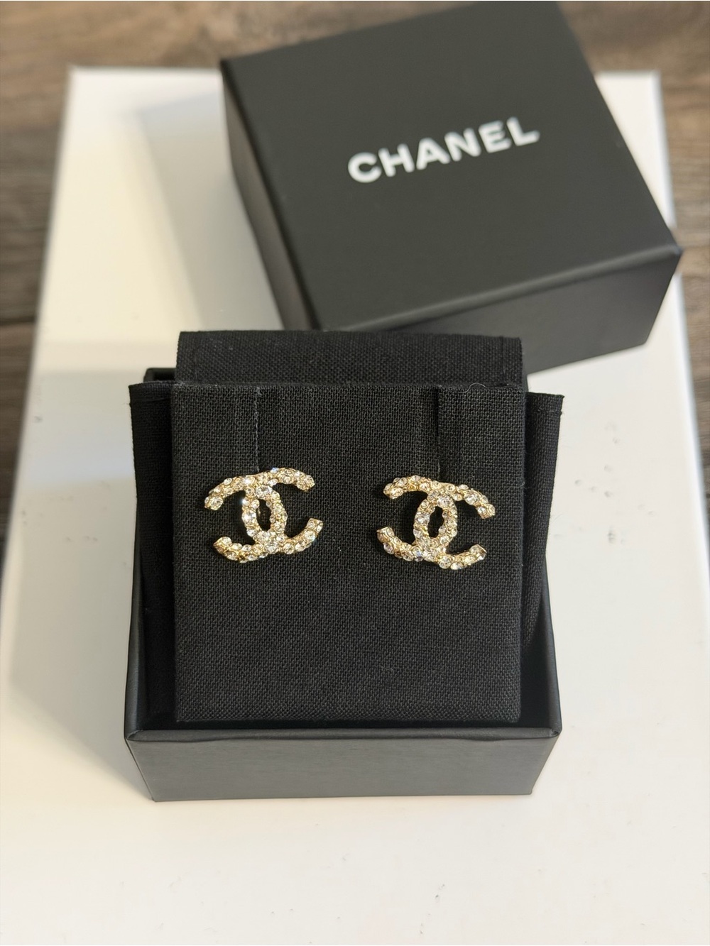CHANEL Gold Crystal CC Stud Earrings